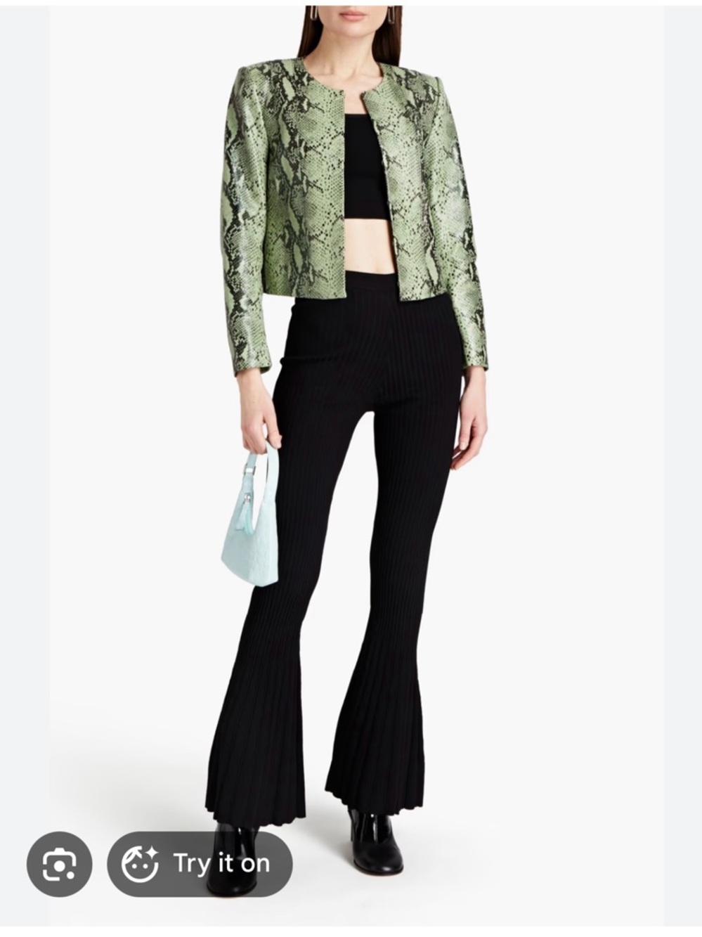 Alice + Olivia Green Snake-Print Cropped Leather Jacket